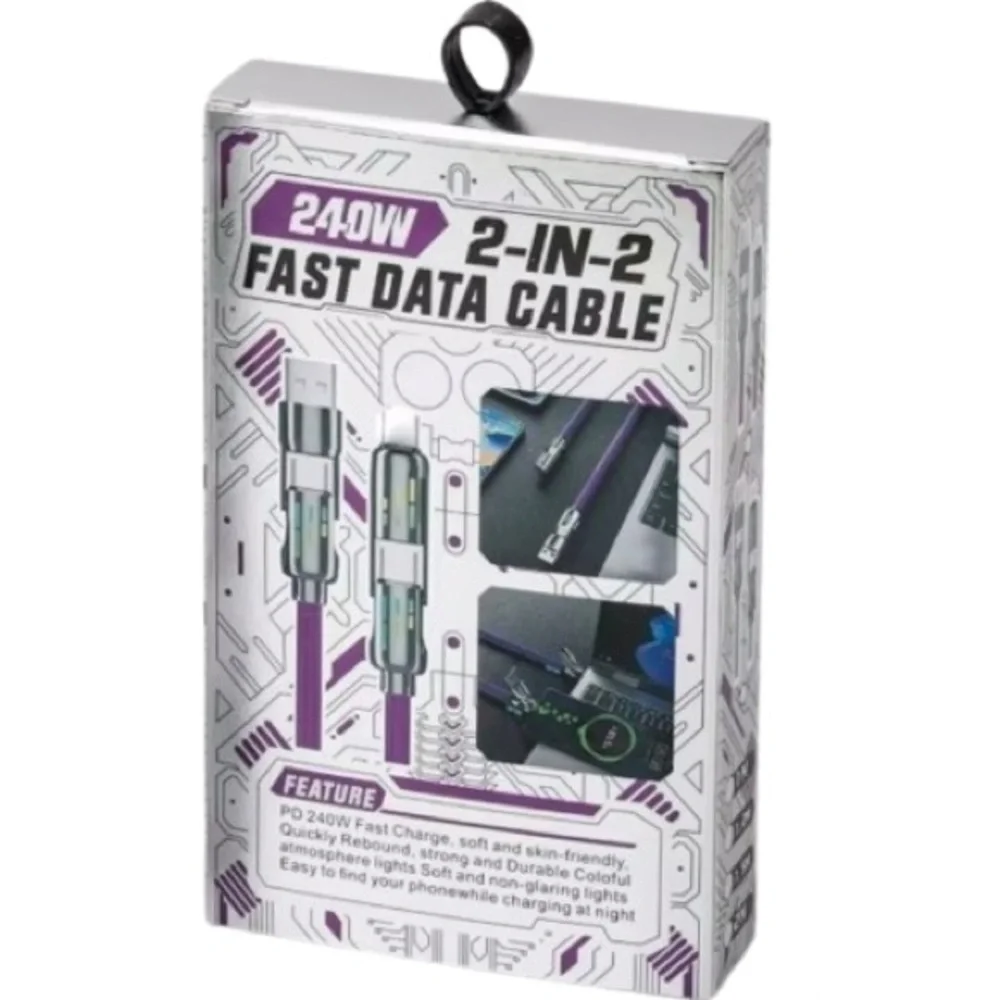 🆕-240W 2-in-2 fast data cable, w/multiple connectors for universal charging.